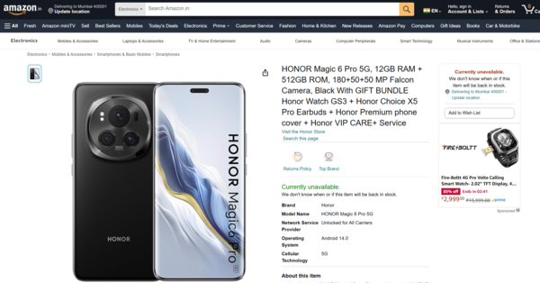 榮耀Magic6 Pro即将登陸印度市場(chǎng) 已出現在亞馬遜商城(chéng) 榮耀Magic6 Pro即将登陸印度市場(chǎng) 已出現在亞馬遜商城(chéng)